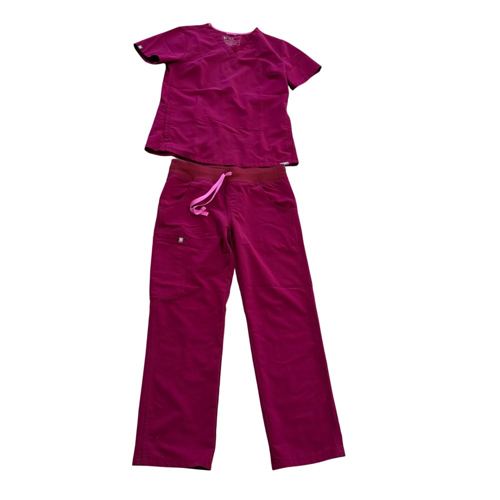 FIGS Technical Collection Scrub Set Magenta Pink V-Neck Top & Cargo Pants S/XSP